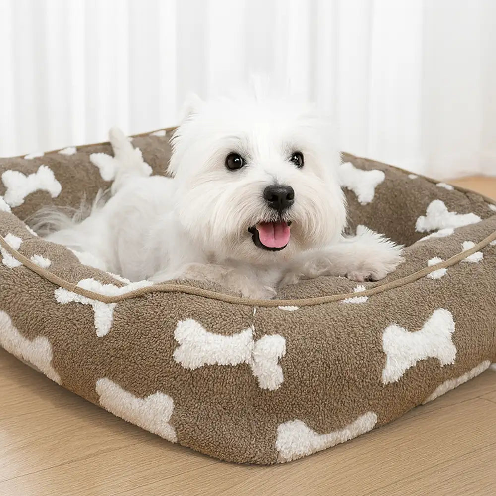 Plush Bone Pattern Square Deep Sleep Dog Bed