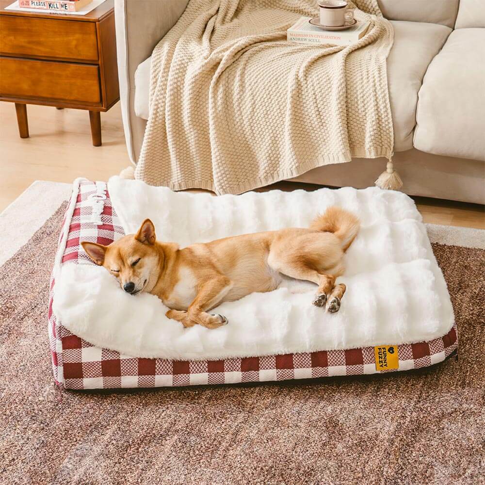 Grand lit orthopédique rectangulaire pour chien avec appui-tête classique à carreaux - Vague de rêve
