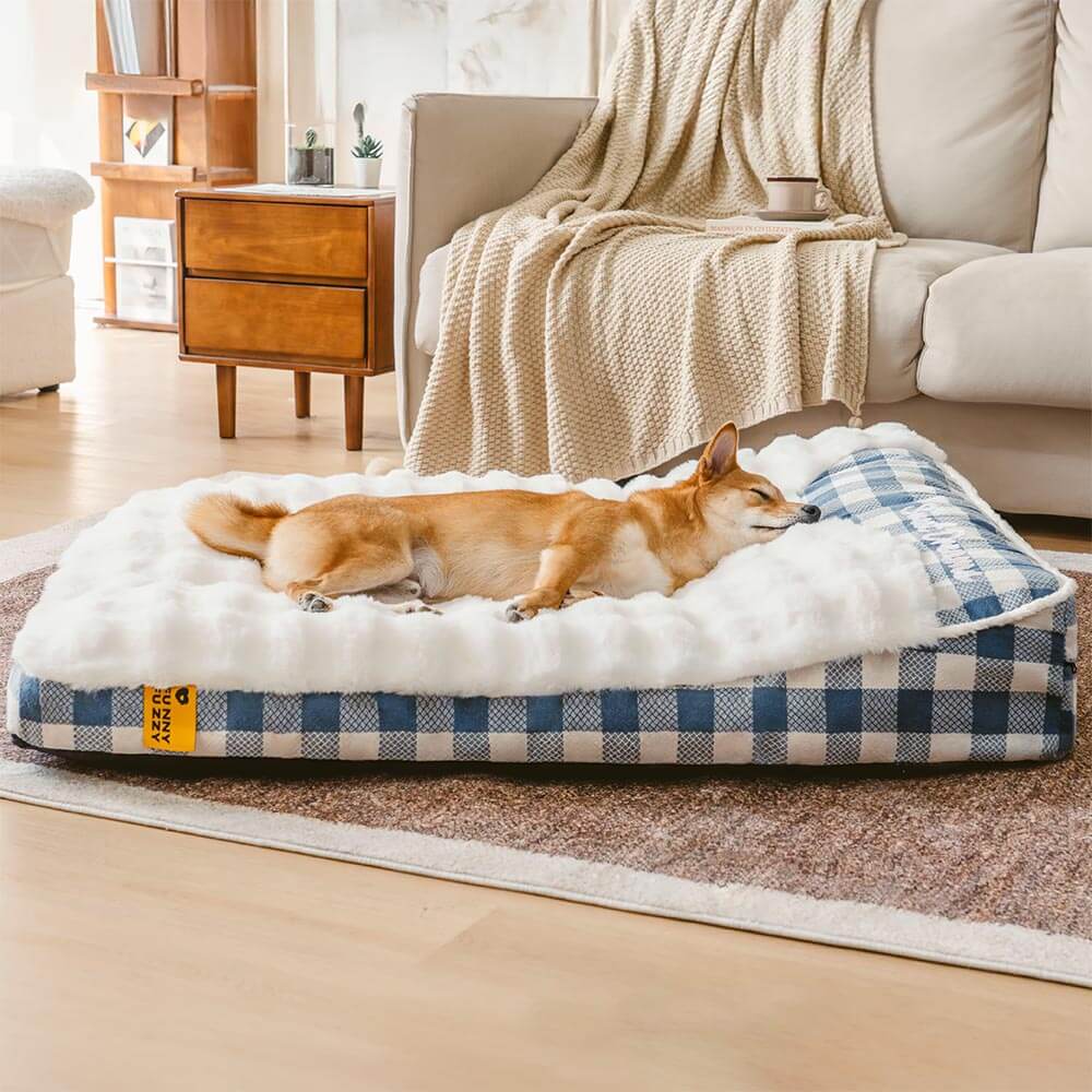 Grand lit orthopédique rectangulaire pour chien avec appui-tête classique à carreaux - Vague de rêve