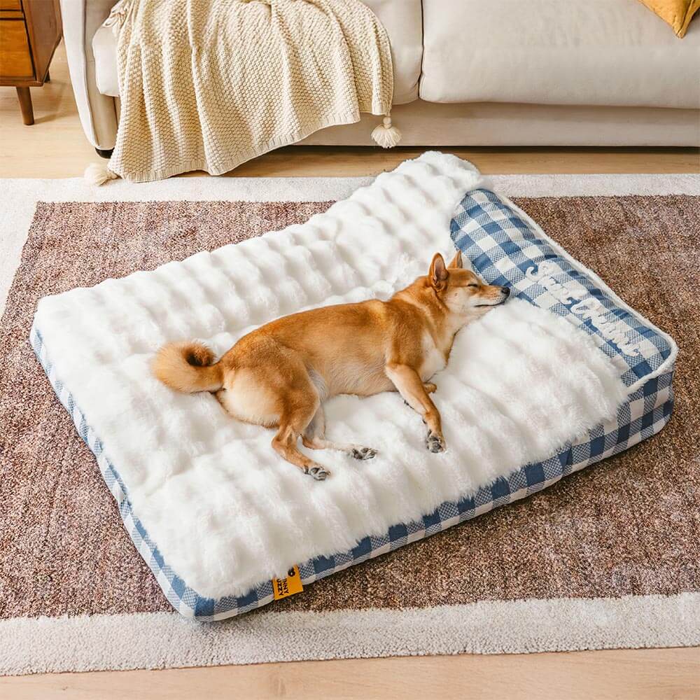 Grand lit orthopédique rectangulaire pour chien avec appui-tête classique à carreaux - Vague de rêve