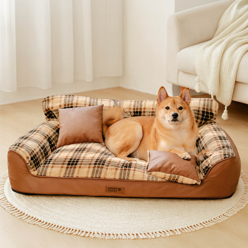 Vintage Plaid Plush Orthopedic Dog Sofa Bed with Pillows - CozyLuxe