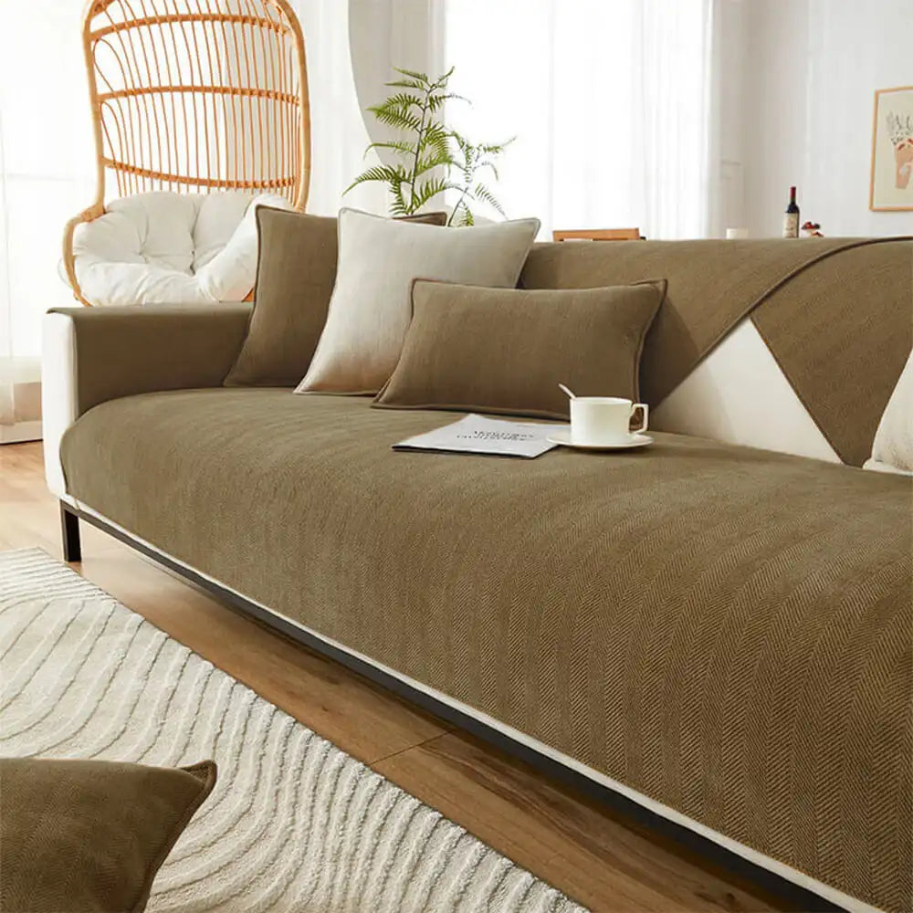 Housse de canapé imperméable et antisalissure en tissu chenille à chevrons