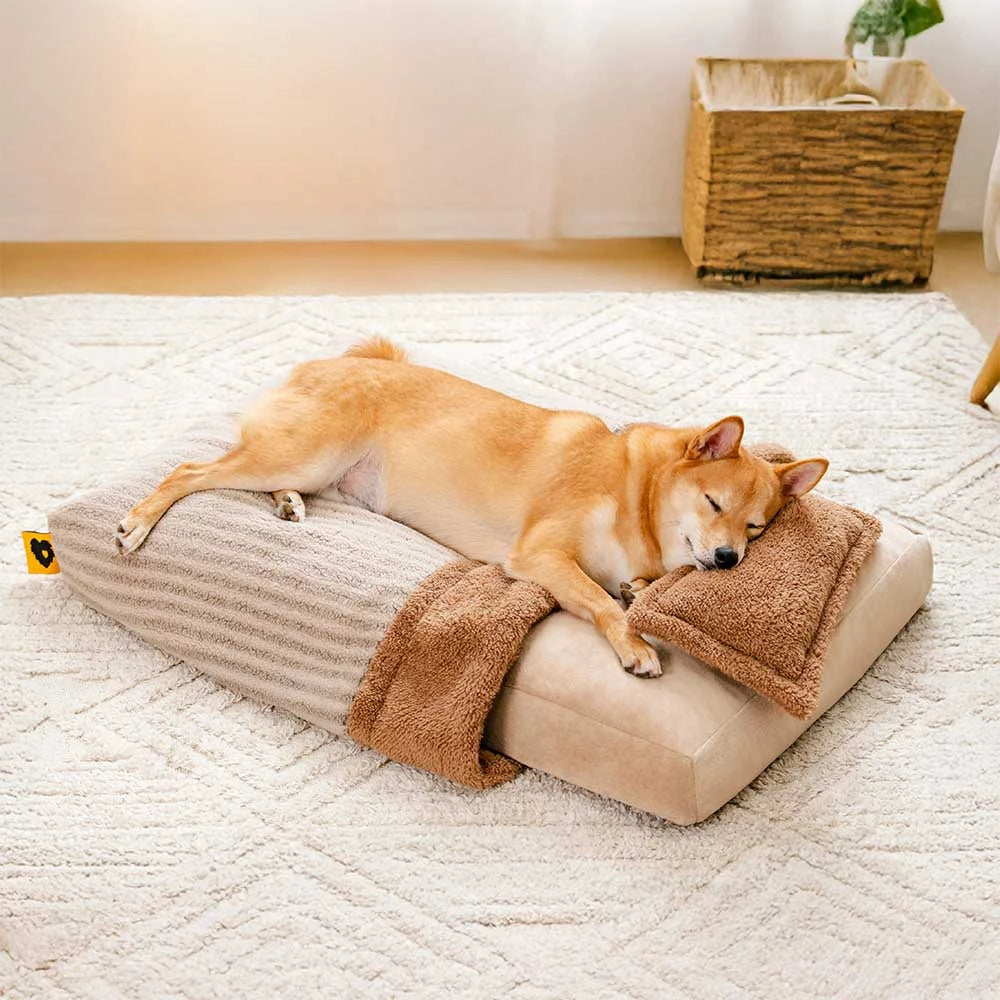 Plush Striped Cave Covered Orthopedic Dog Bed With Pillow - FluffyWarm