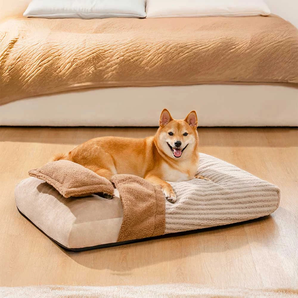Plush Striped Cave Covered Orthopedic Dog Bed With Pillow - FluffyWarm