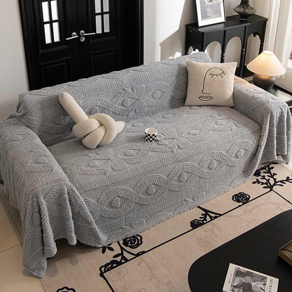 Bowknot Jacquard Plush Multifunctional Sofa Blanket Couch Cover