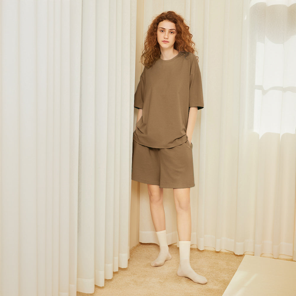 Eco-friendly Pet Hair Resistant Pure Color Crew Neck Short Sleeve Couples Pajama Set