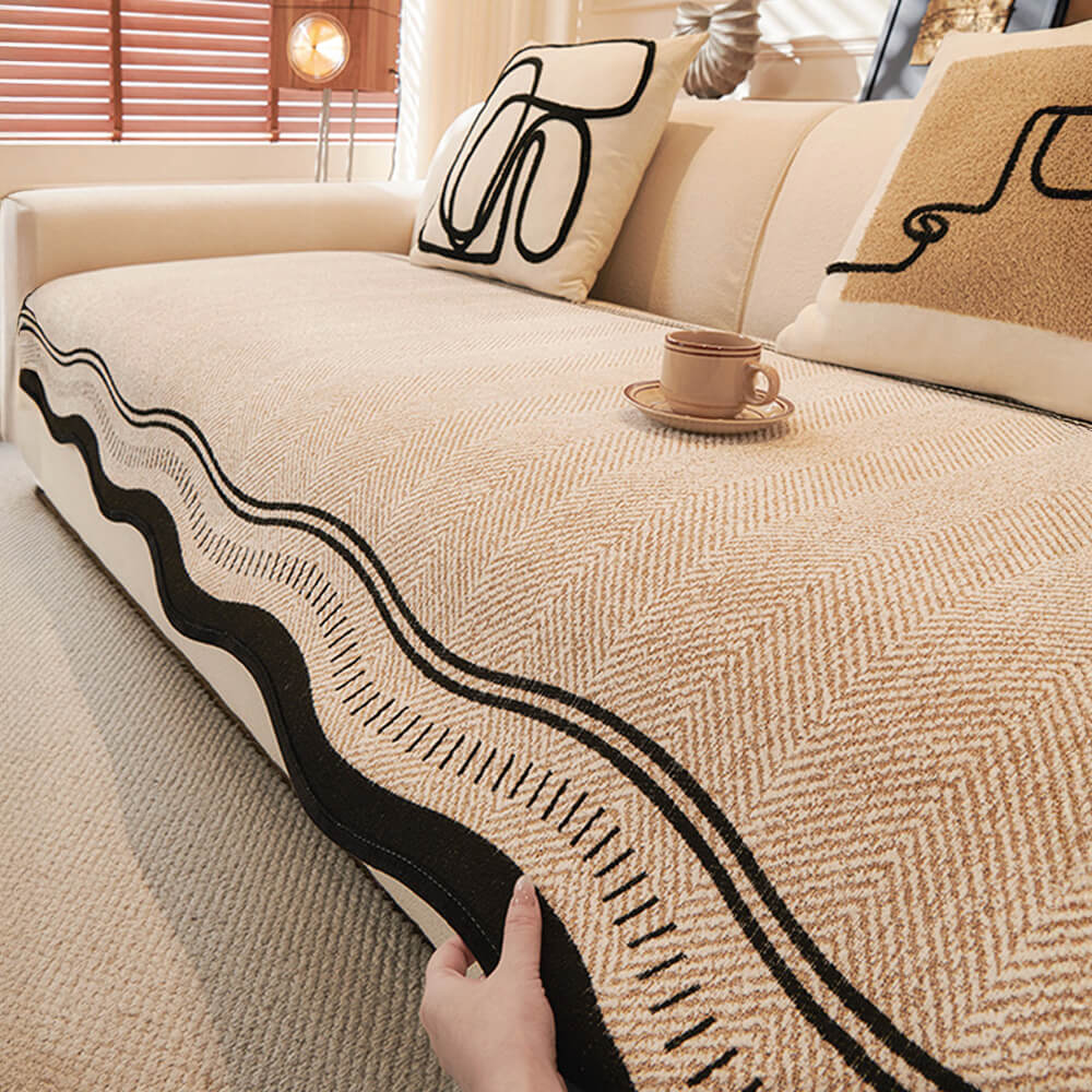 Cubierta de sofá anti-deslizamiento duradera de patrón de espiga con molduras onduladas-resistente a los rasguños de mascotas