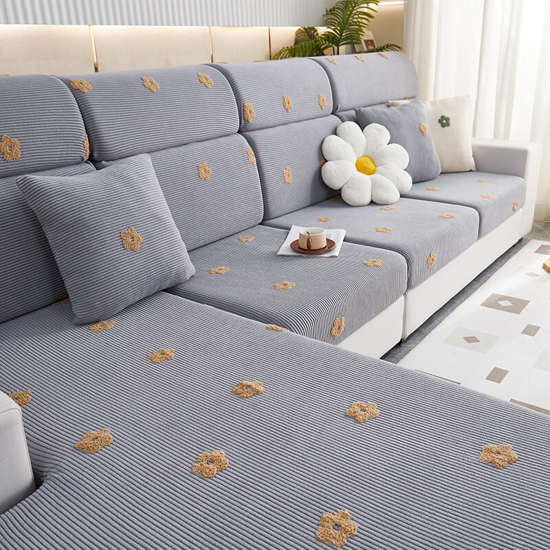 Floral Embroidered Fleece Sofa Anti-Scratch Stretch Couch Cover