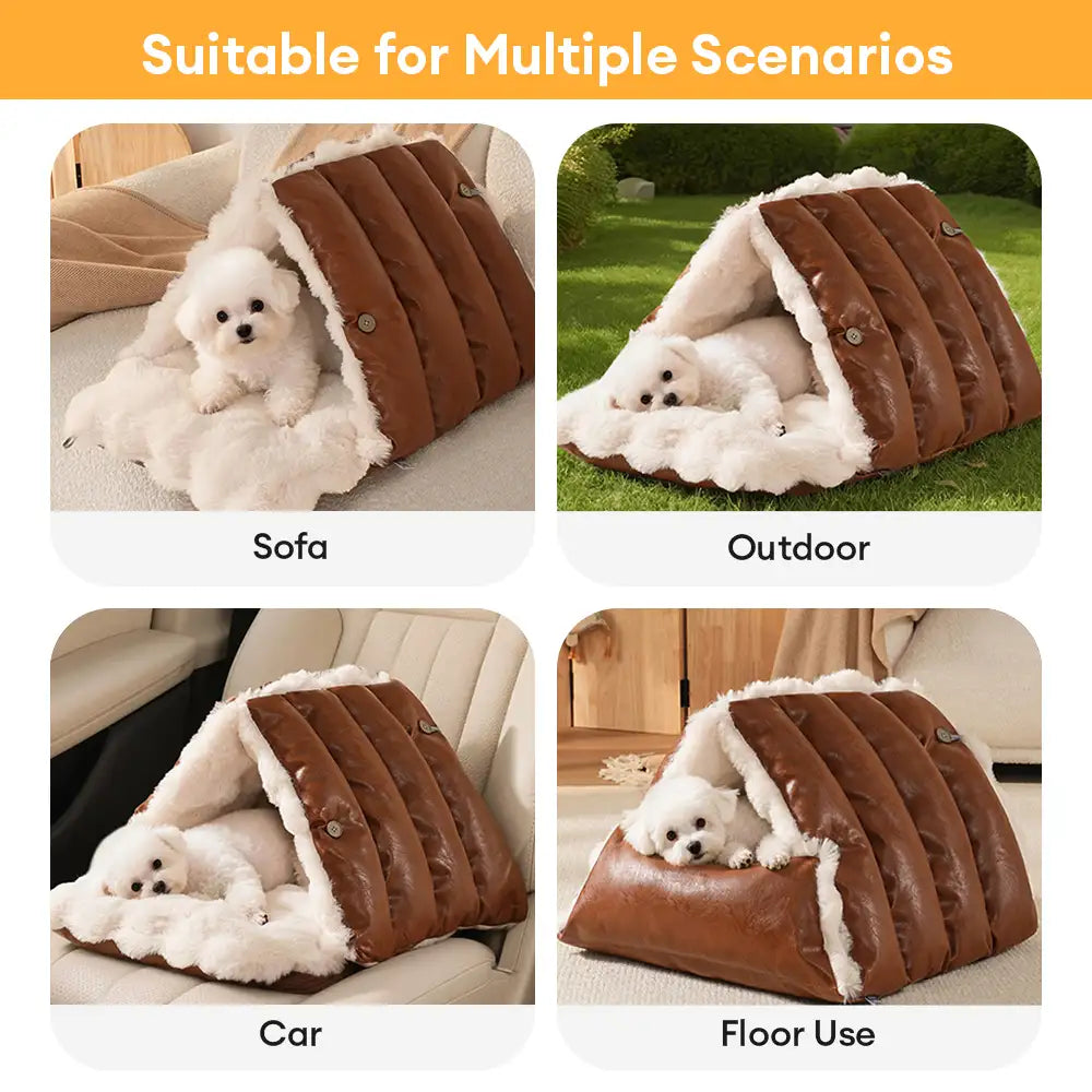 Faux Leather Vintage Multi-function Plush Dog Bed Convertible Dog Car Seat