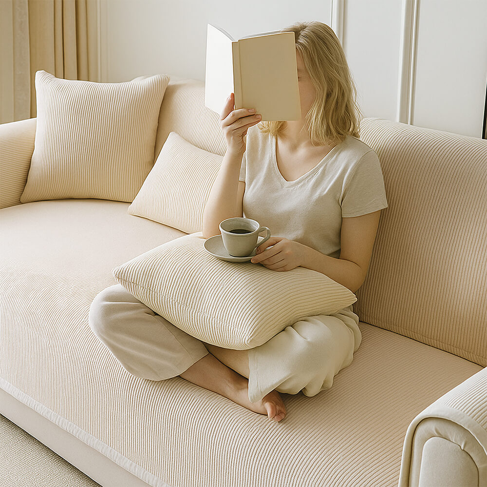 Cubierta de sofá de vellón de rayas verticales de crema moderna para todas las estaciones
