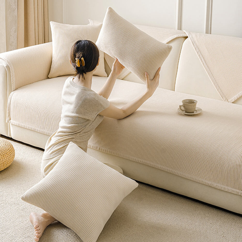 Cubierta de sofá de vellón de rayas verticales de crema moderna para todas las estaciones