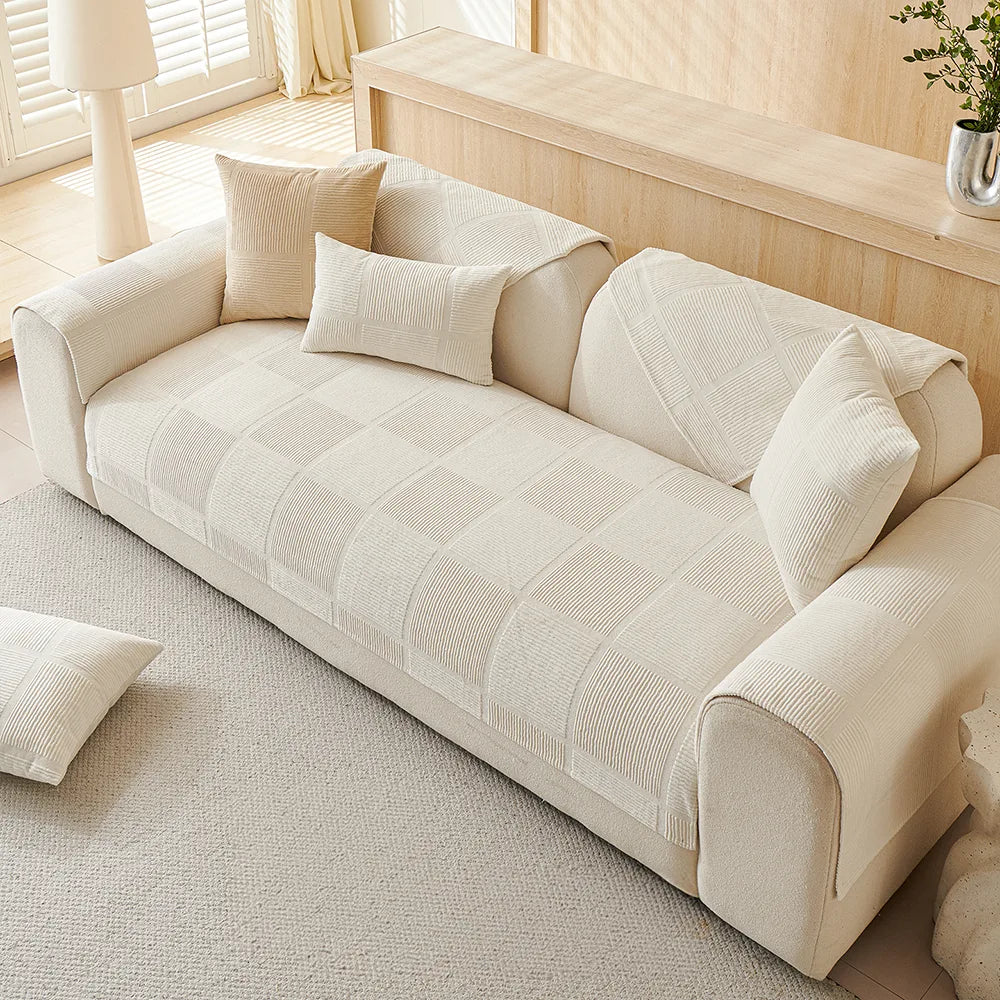 Plush Cream Geometric All Seasons Non-Slip Couch Cover