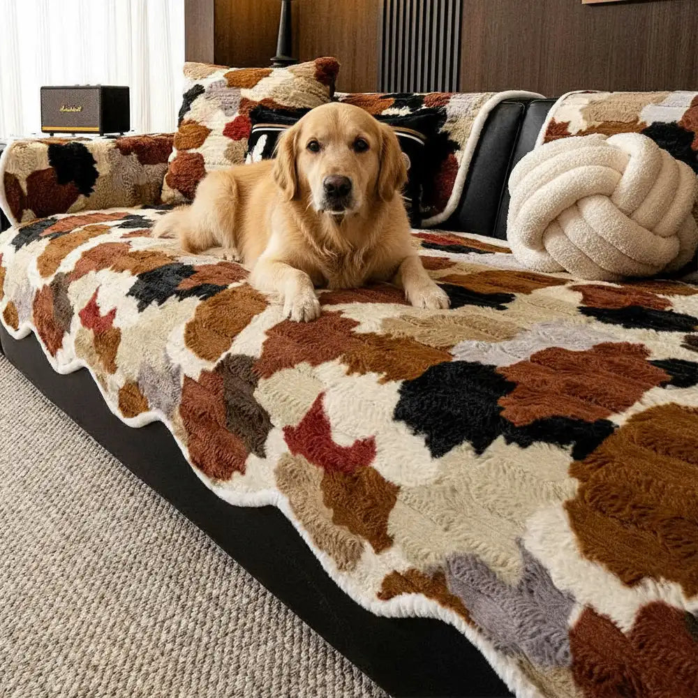 Stylish Color-Blocked Faux Rabbit Fur Soft Non-Slip Irregularly Shaped Couch Cover