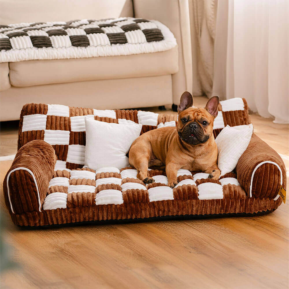 Vintage Schachbrett-Sofa mit orthopädischer Unterstützung, extra großes Hundesofa – King's Sofa
