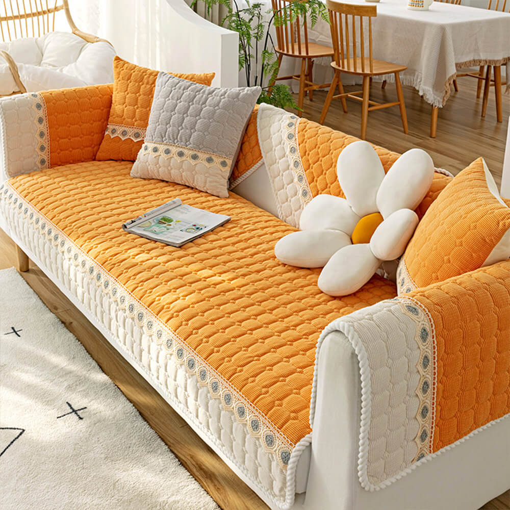 Bright Quilted Lace-Trimmed Non-Slip Couch Cover