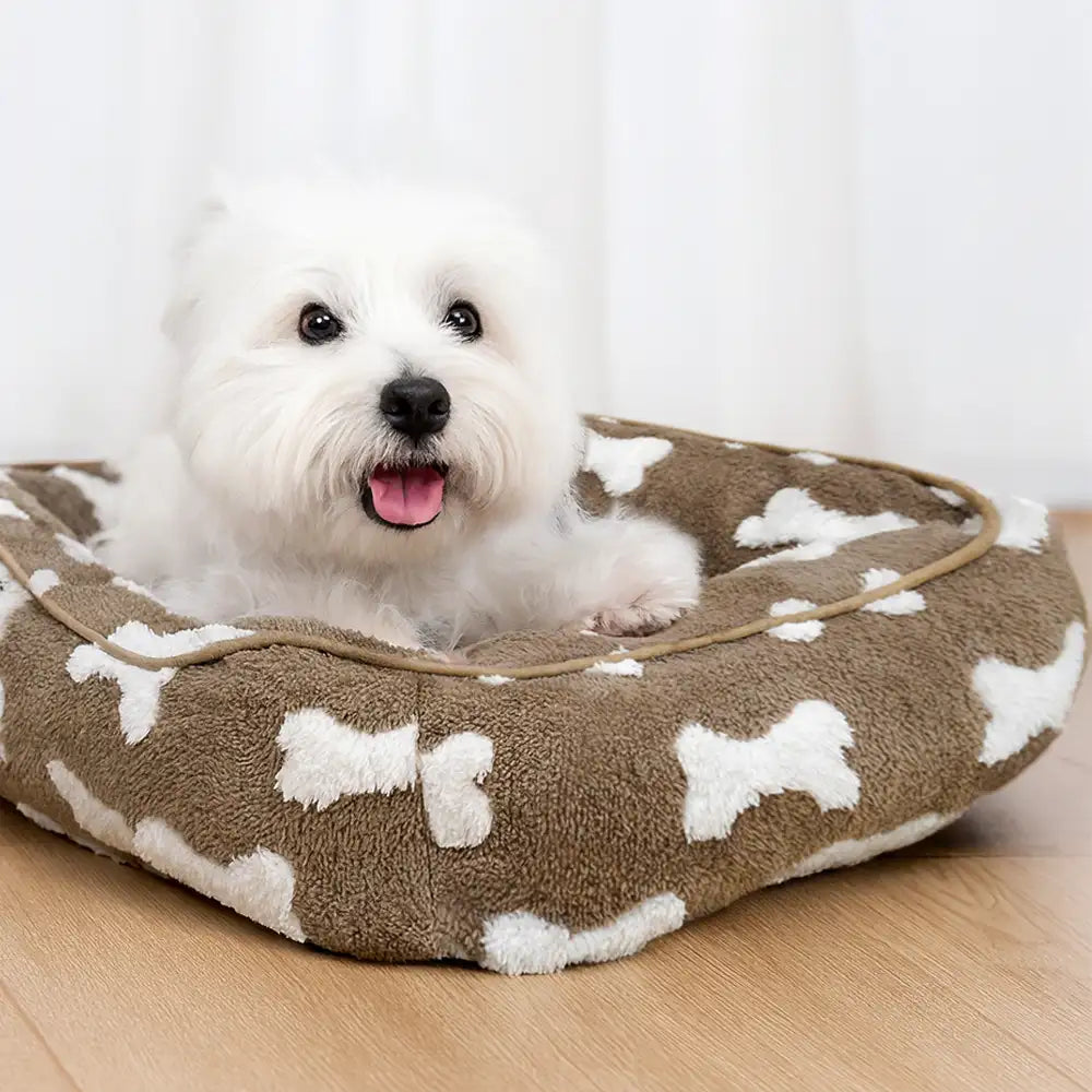 Plush Bone Pattern Square Deep Sleep Dog Bed