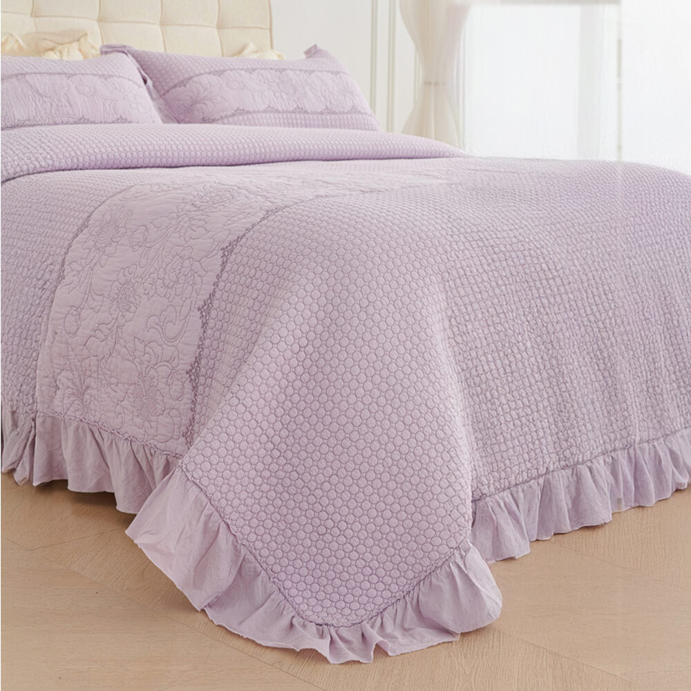 Ruffle Trim Soft Breathable Quilted Cotton Bedspread Set