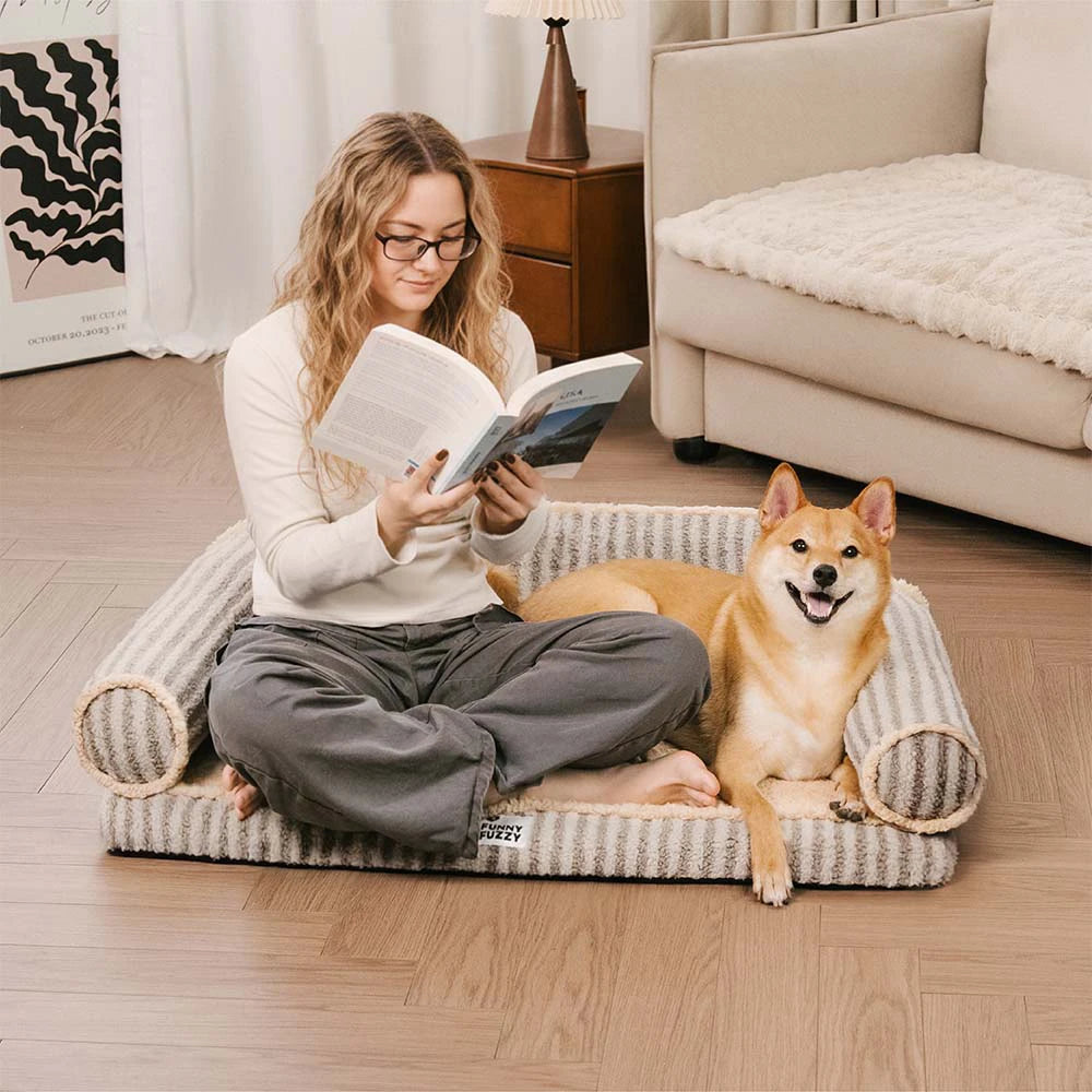 Fluffy Stripe Washable Orthopedic Dog & Cat Sofa Bed - Latte Nooki