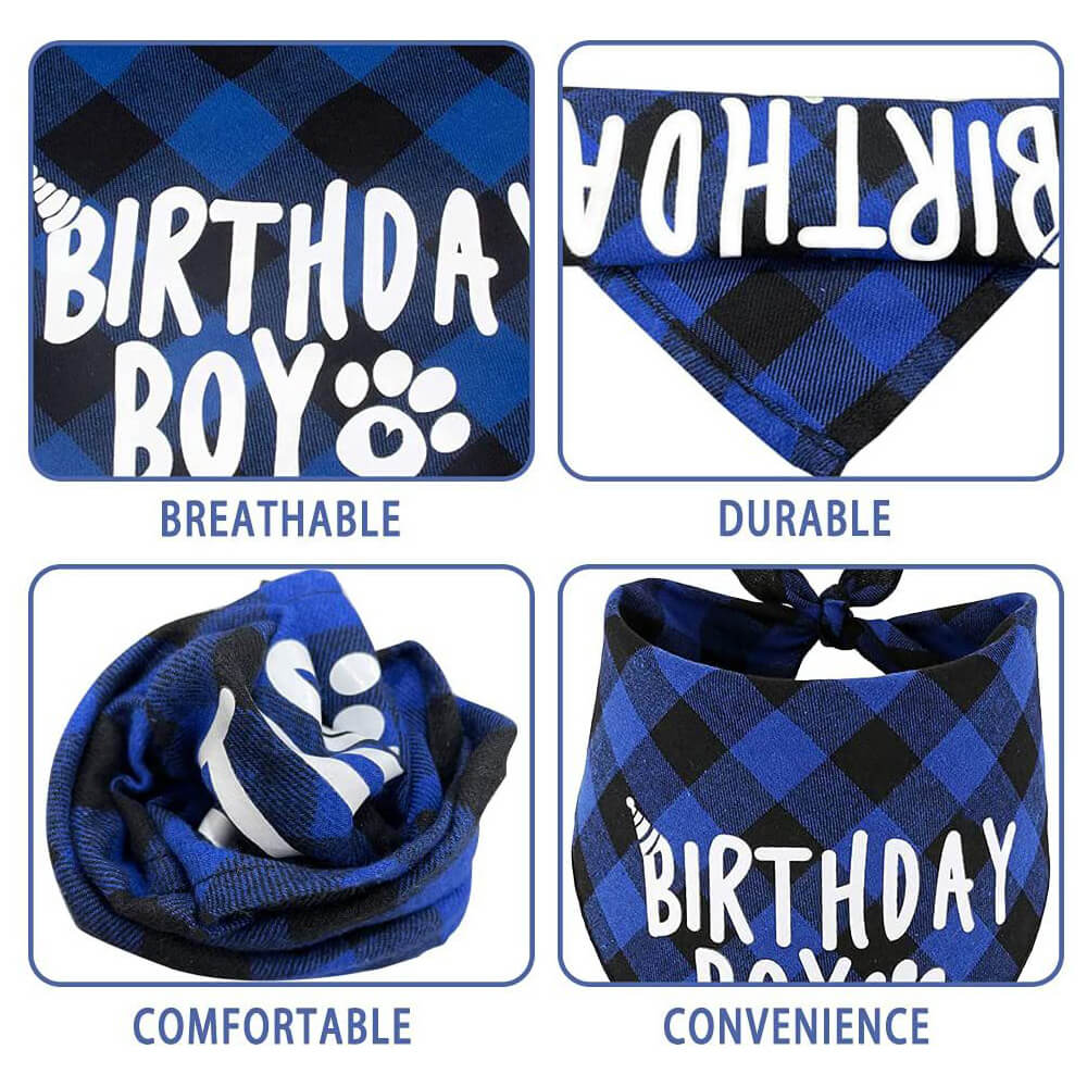 Dog Birthday Boy & Girl Party Set - Blue Plaid Bandana and Hat with Number Stickers