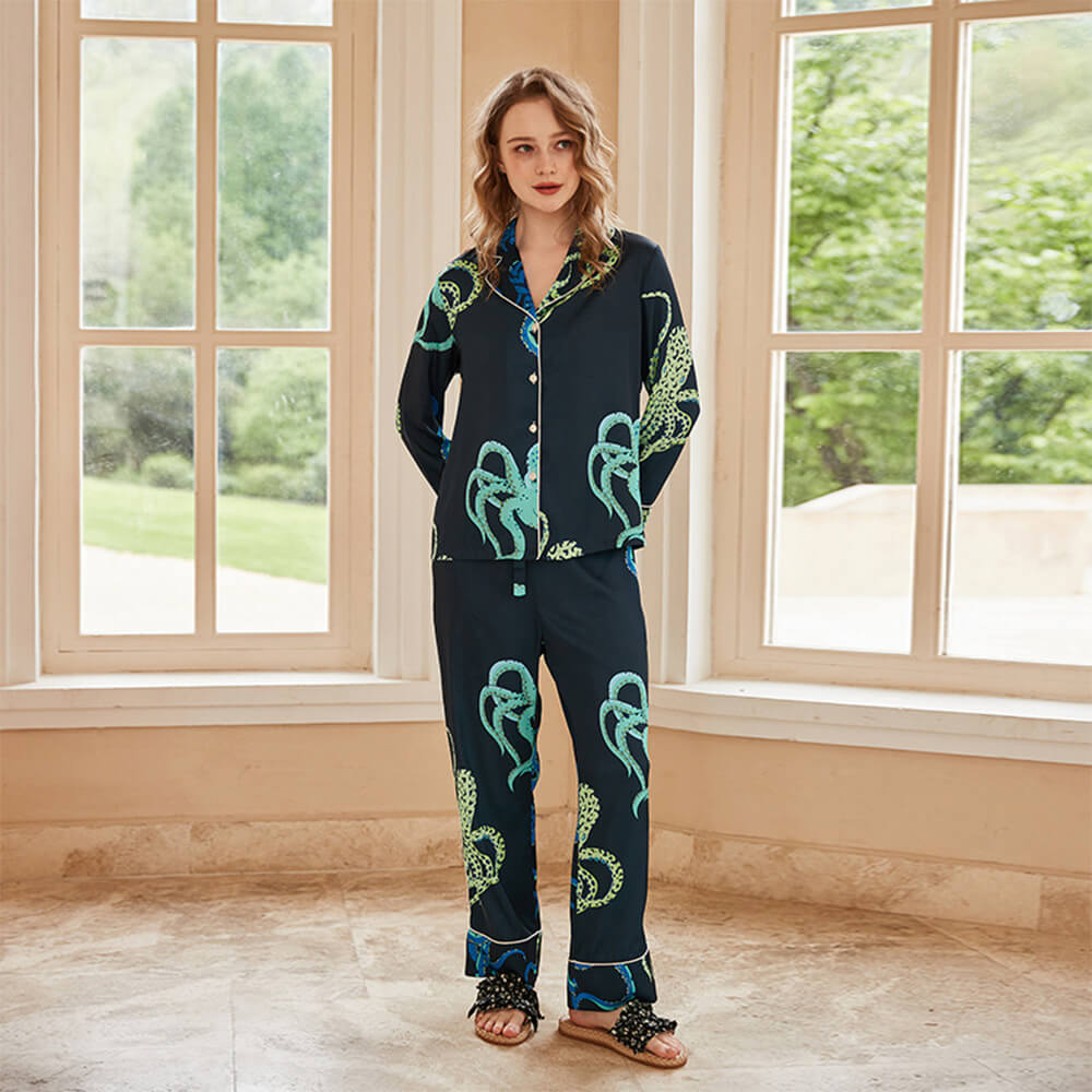 Elegant Animal Print Satin Long Sleeve Pajama Set