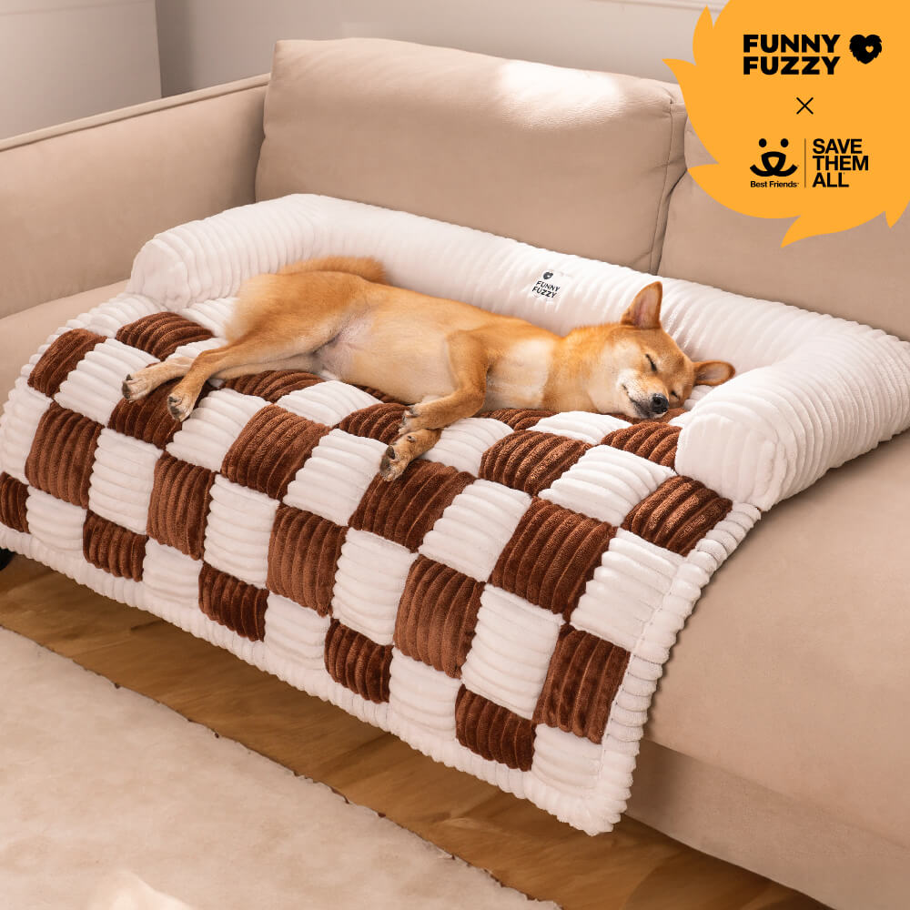 Cream Square Plaid Cozy Dog Mat Furniture Protector Cover