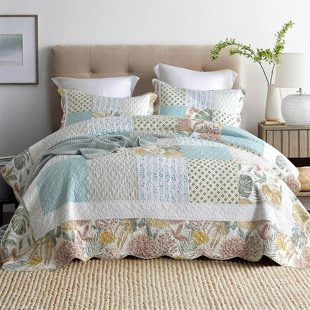 Juego de cama de edredón reversible de algodón con colcha suave y floral elegante