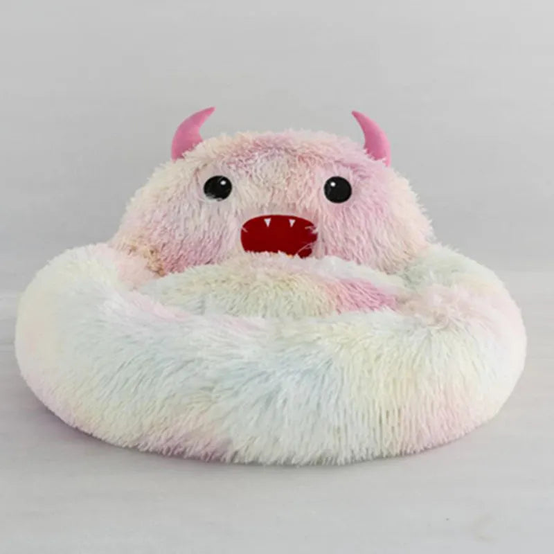 Cama calmante y colorida para perros y gatos con forma de monstruo de peluche