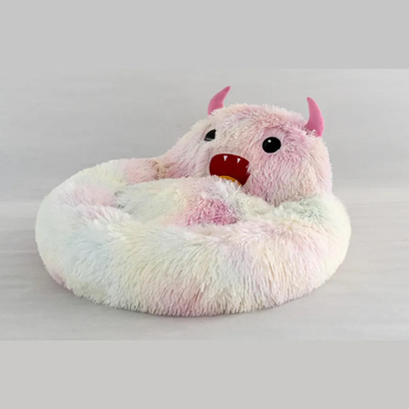 Cama calmante y colorida para perros y gatos con forma de monstruo de peluche