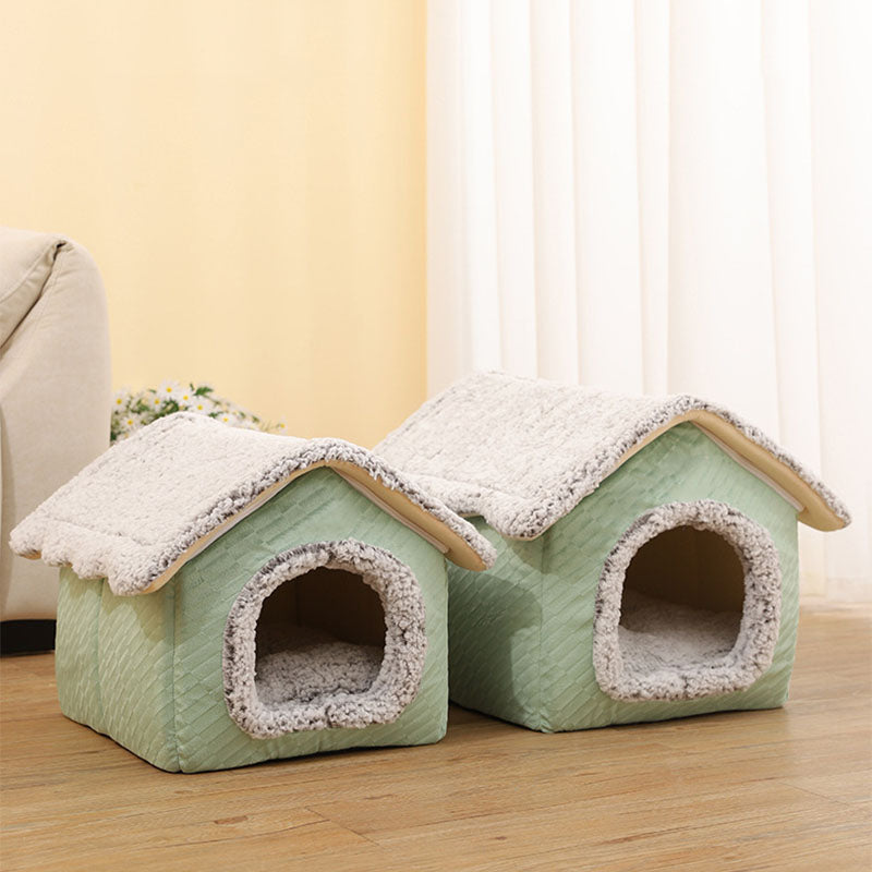 Acogedora casa para gatos cerrada con forro polar Sherpa y cama cuadrada para perros