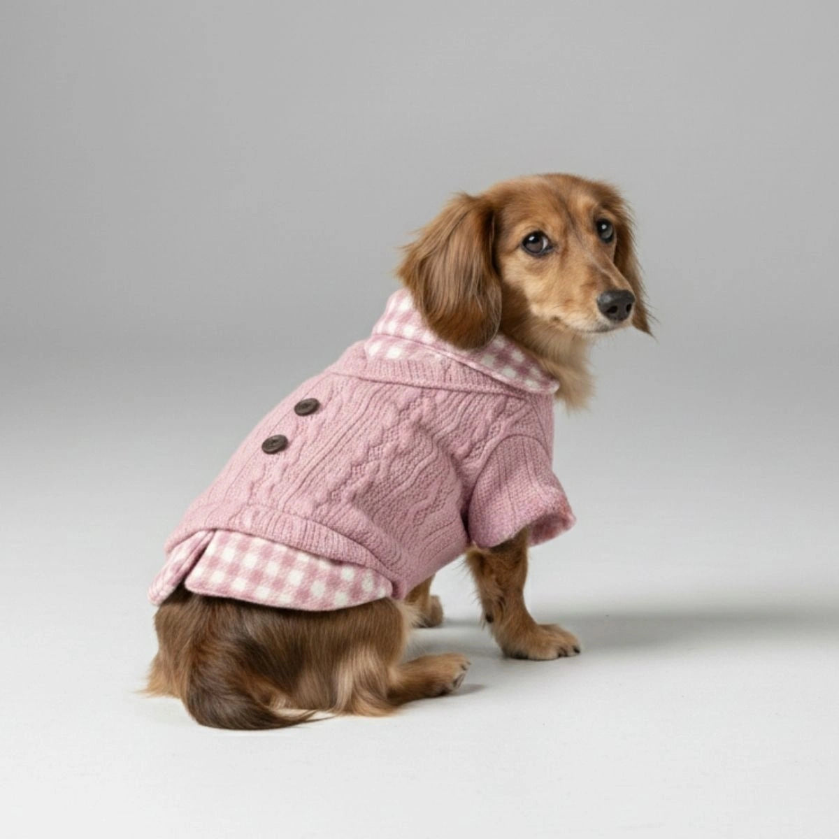 Kuscheliger gestrickter Hundepullover mit kariertem Kragen – erhältlich in Pink und Blau
