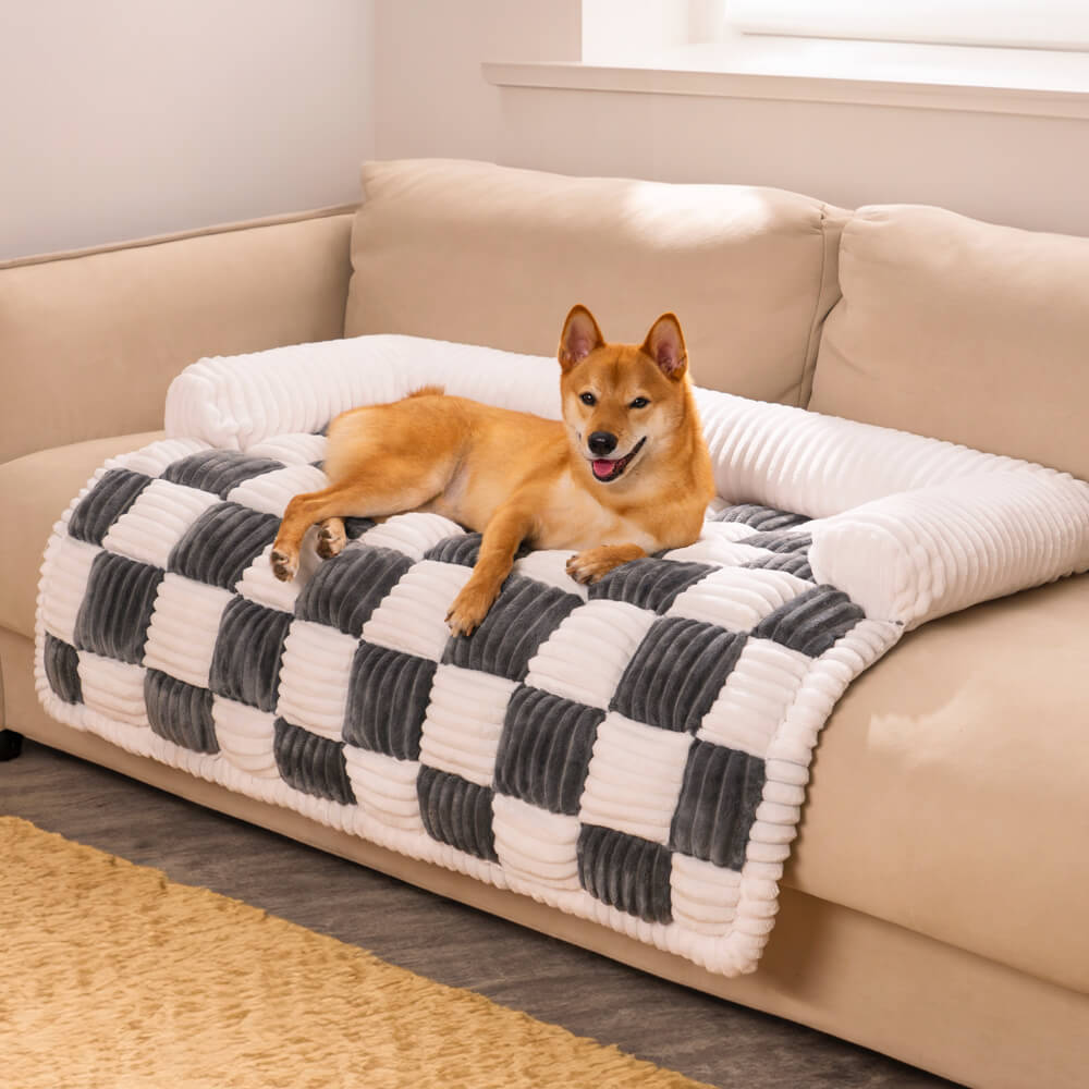 Cream Square Plaid Cozy Dog Mat Furniture Protector Cover