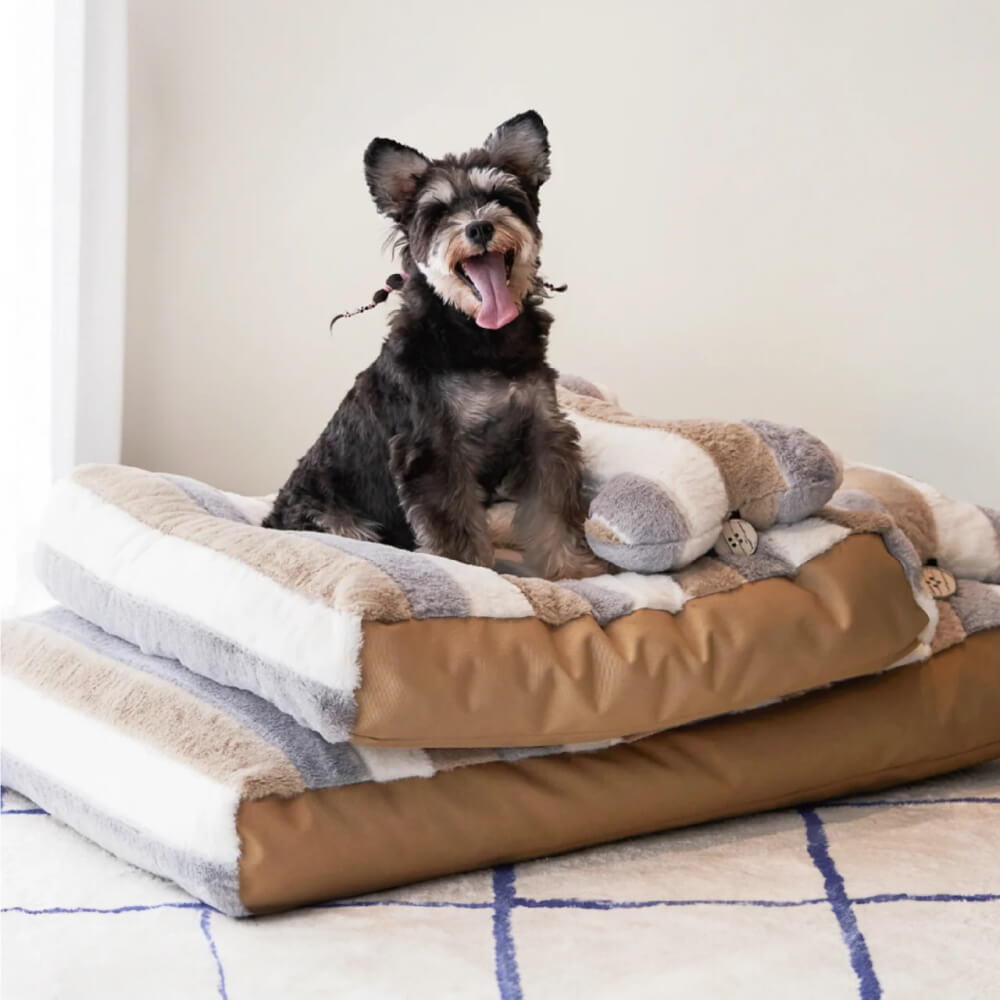 Deluxe Striped Plush Calming Bed Dog Bed with Pillow