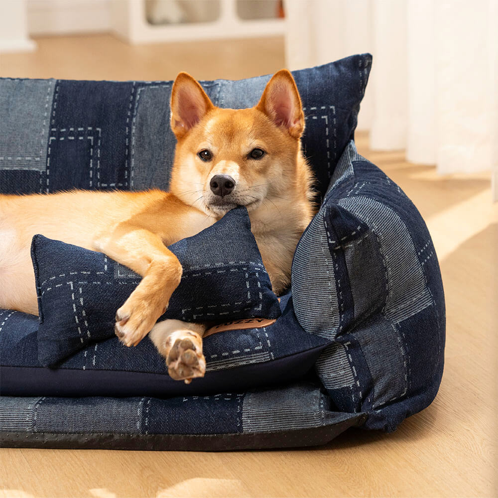 Sofá cama para perros estilo patchwork de mezclilla de doble capa para mascotas