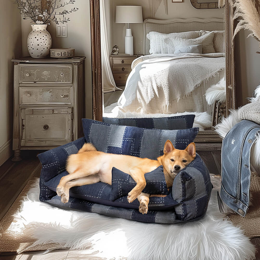 Sofá cama para perros estilo patchwork de mezclilla de doble capa para mascotas