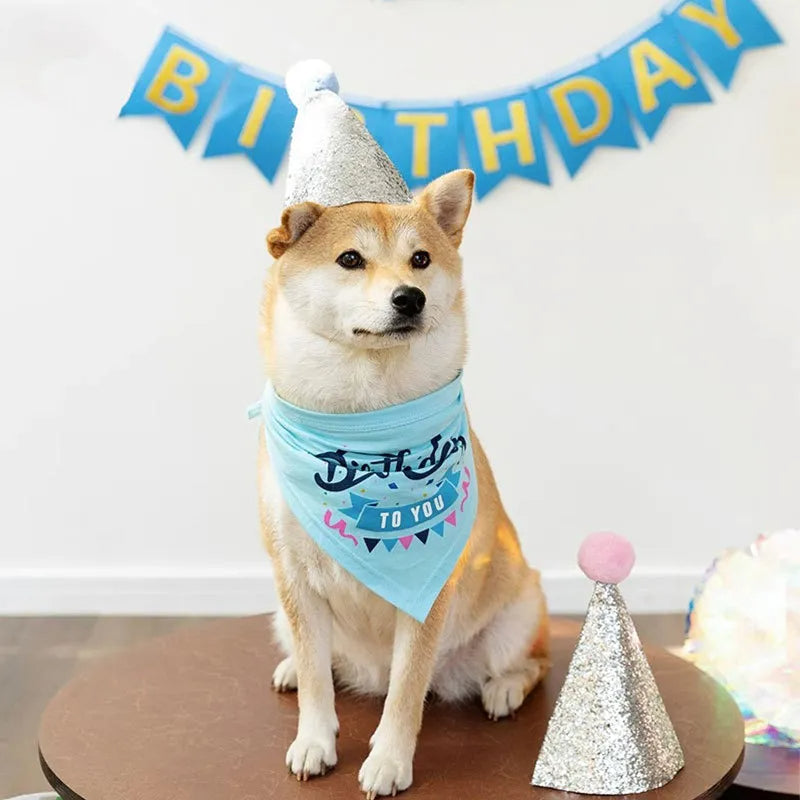 Écharpe bandana d'anniversaire pour chien avec chapeau et bannière, ensemble de fête d'anniversaire pour chien