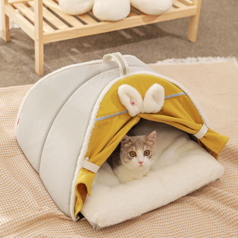 Cama para casa de gato cerrada con orejas de conejo