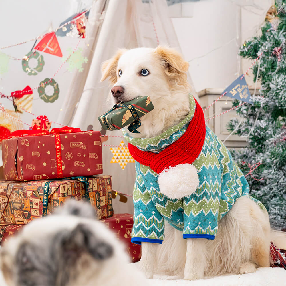 Festlicher gestrickter Hundepullover mit Weihnachtsmann- und Rentier-Design