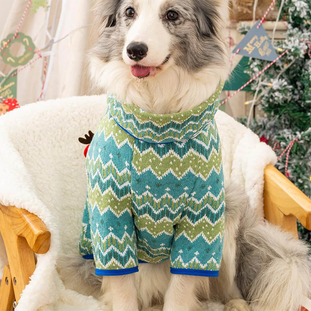 Festlicher gestrickter Hundepullover mit Weihnachtsmann- und Rentier-Design