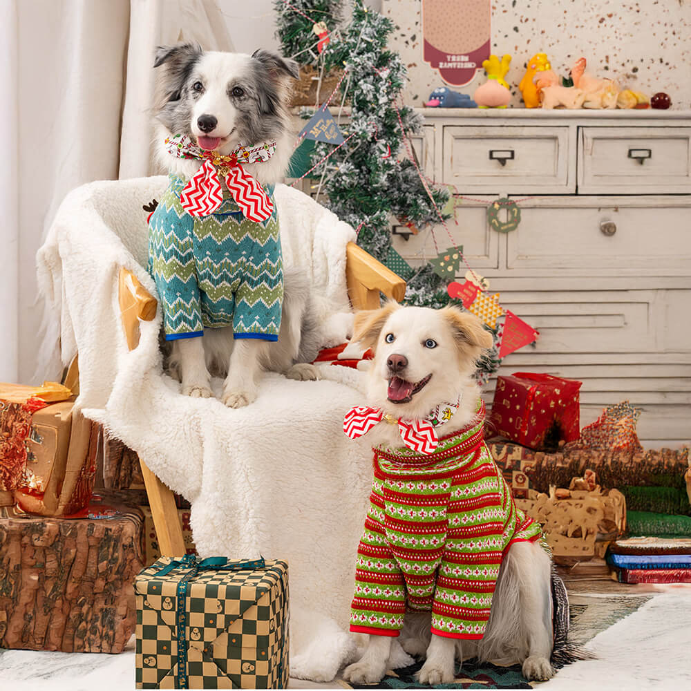 Festlicher gestrickter Hundepullover mit Weihnachtsmann- und Rentier-Design