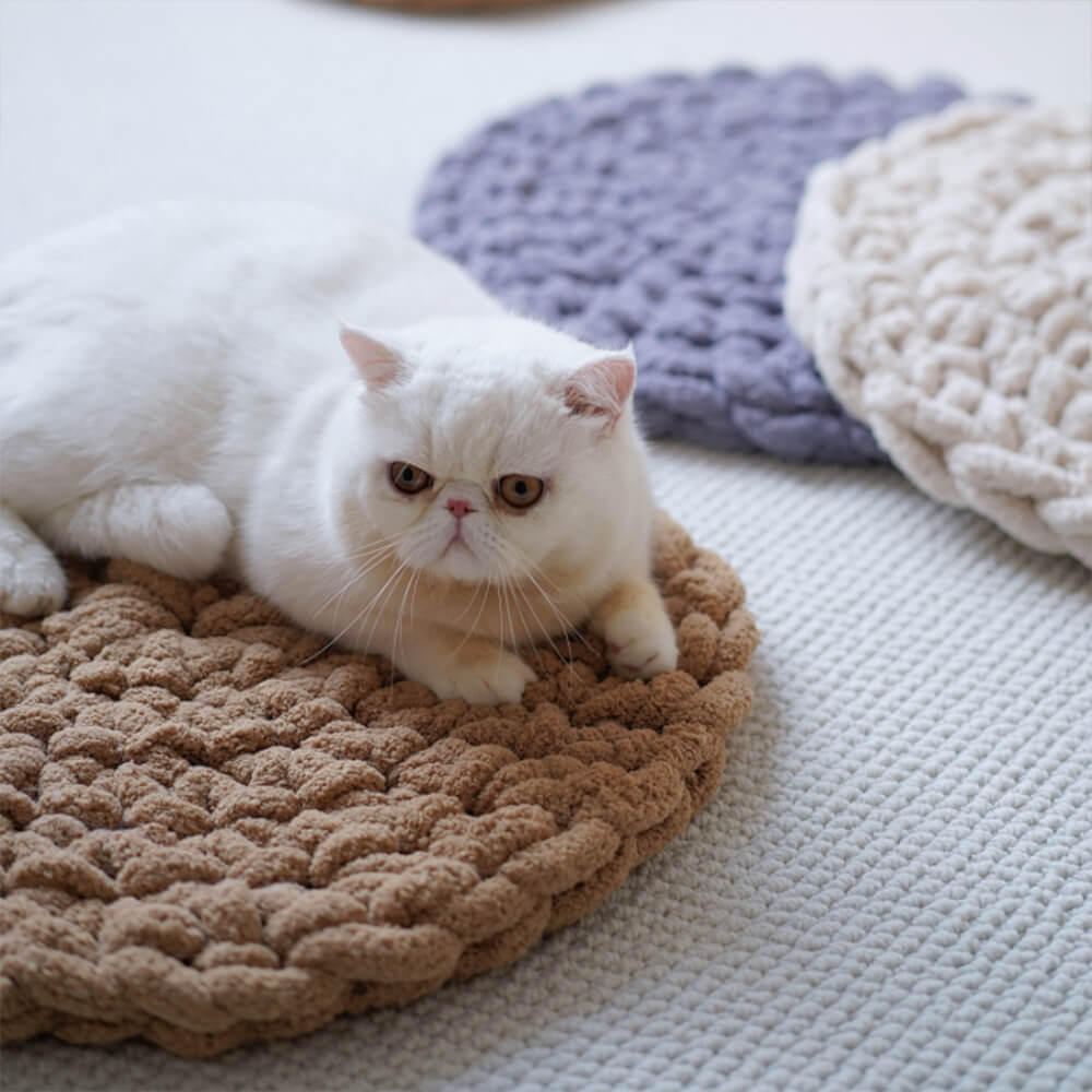 Tapis de lit rond doux pour animaux de compagnie en tricot épais tissé à la main