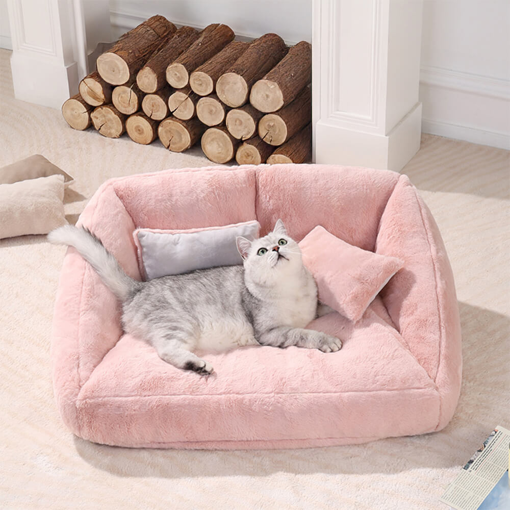 Grand canapé-lit double pour chien en peluche rose avec coussin