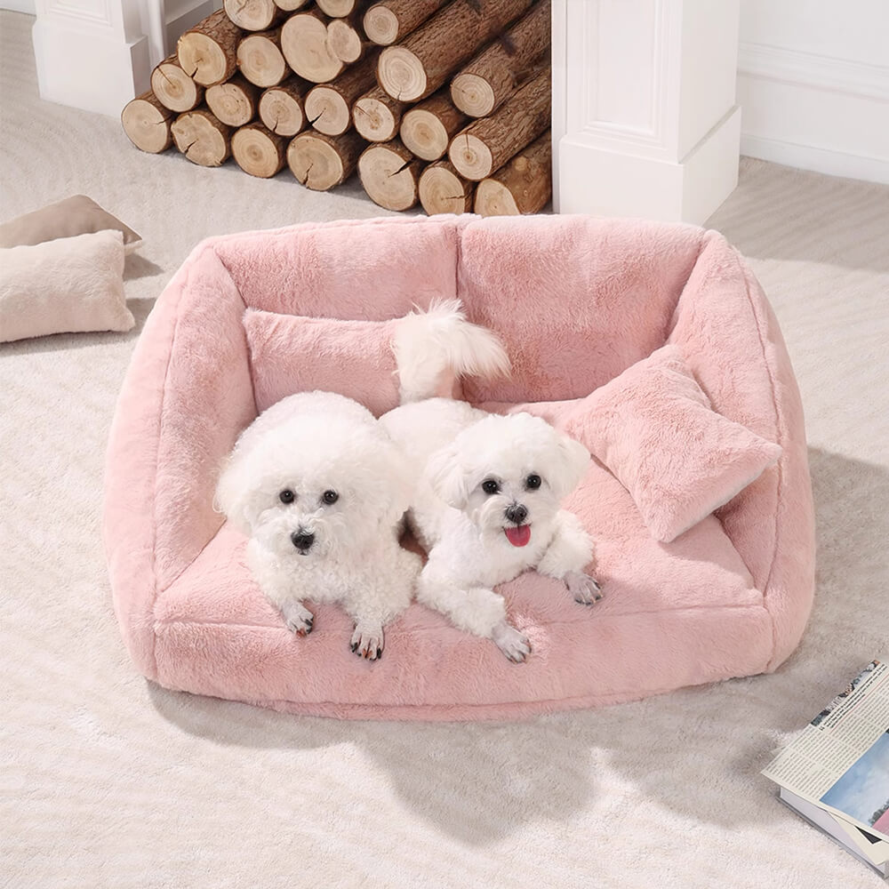 Grand canapé-lit double pour chien en peluche rose avec coussin