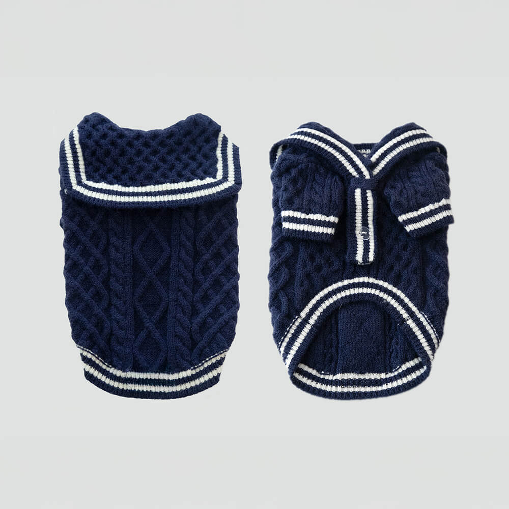 Gestreifter Hundestrickpullover im Polo-Stil im maritimen Marine-Stil