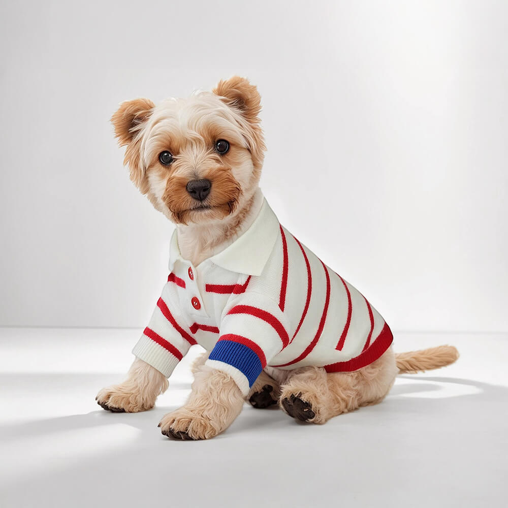 Nautical Navy-Inspired Striped Polo Style Knit Dog Sweater