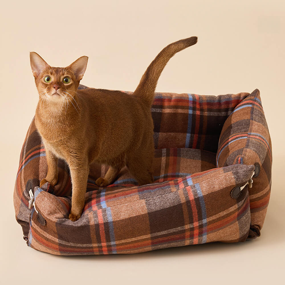 Plaid Expandable Soft Reversible With Horn Button Dog & Cat Bed