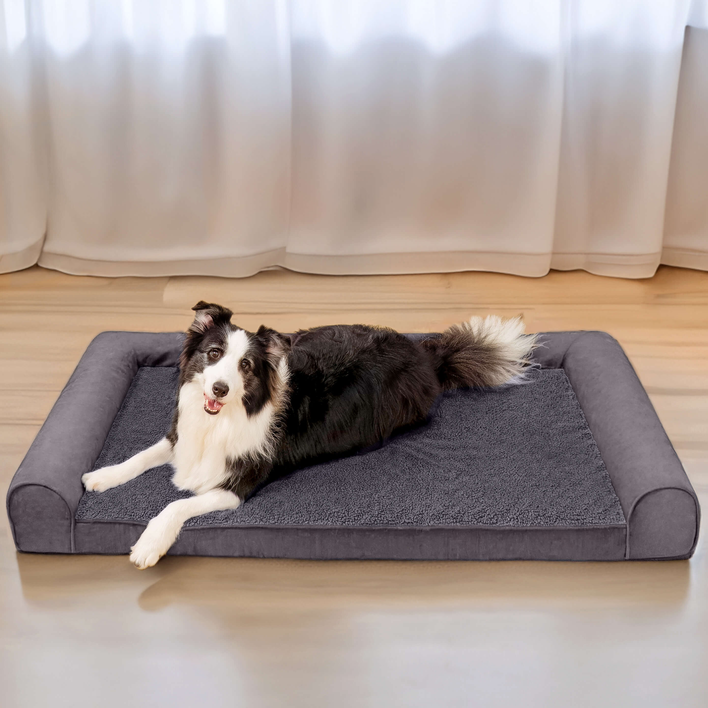 Lit orthopédique pour chien à support complet en fausse polaire et suède