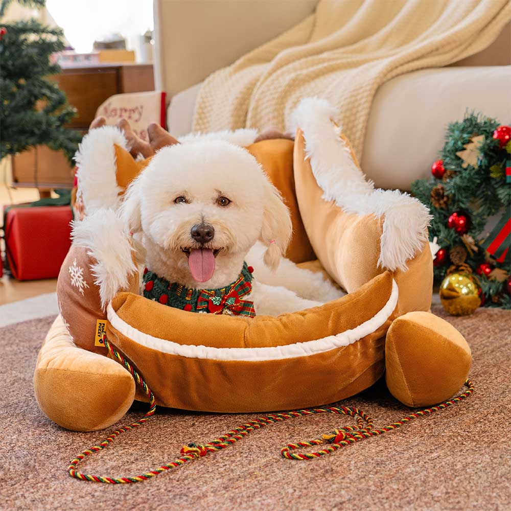 Lit pour chien douillet en peluche festif - Traîneau de Noël