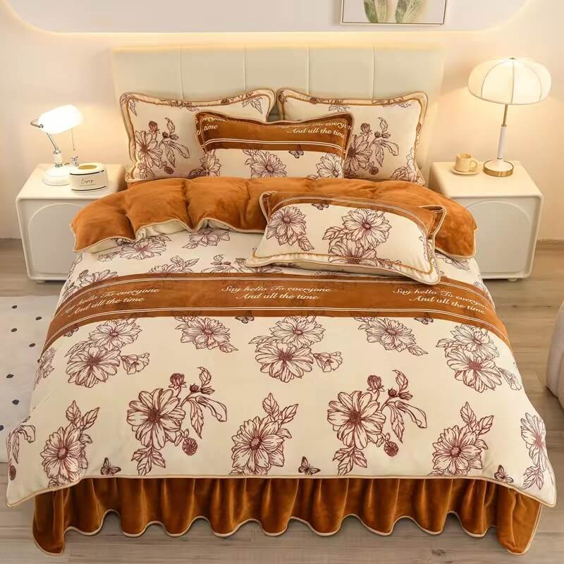 Floral Elegance Milk Velvet Bed Sheet Set with Bed Skirt