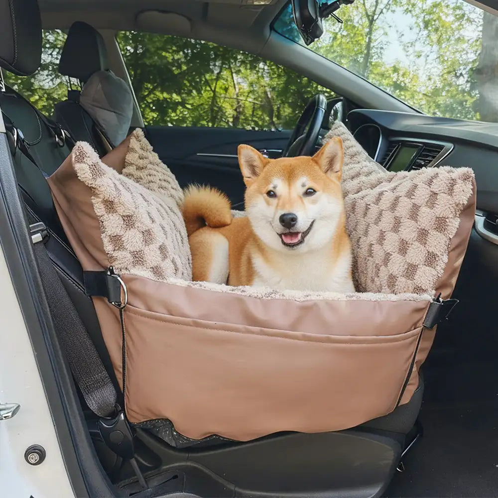 Checkerboard Faux Leather Safety Center Console Pet Car Seat and Carrier 2 in 1