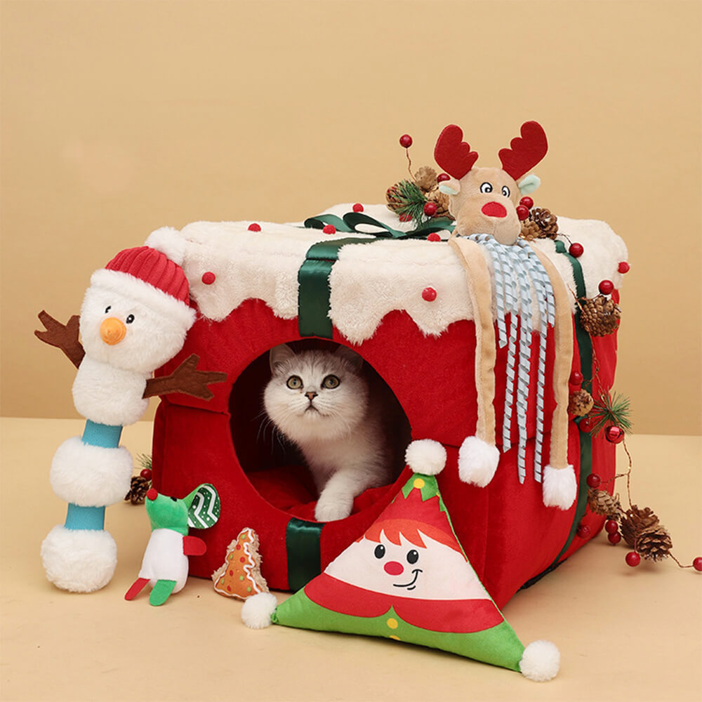 Christmas Gift Box Warm Sleeping Semi-Enclosed Cave Dog & Cat Bed